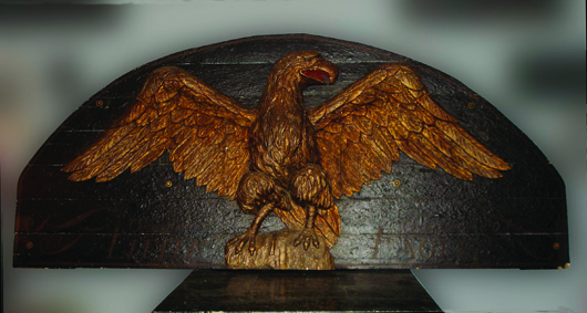 Carved eagle sternboard from a 19th-century sailing ship named the Little Eagle out of the island of Ossawba, N.C. Firehouse Antiques will have it at the Pier Show. Image courtesy of Stella Show Management Co.